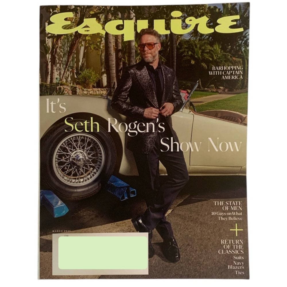 Esquire Magazine March 2025 Seth Rogen Barhopping With Captain America Classics